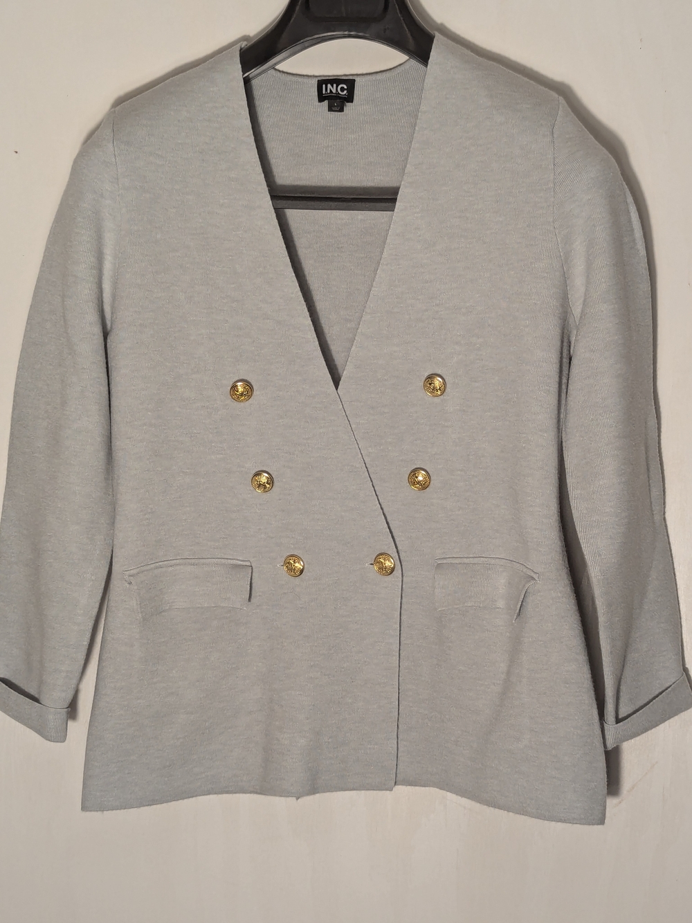 INC International Concepts Gray Double Breasted Knit Sweater Blazer Gold Buttons